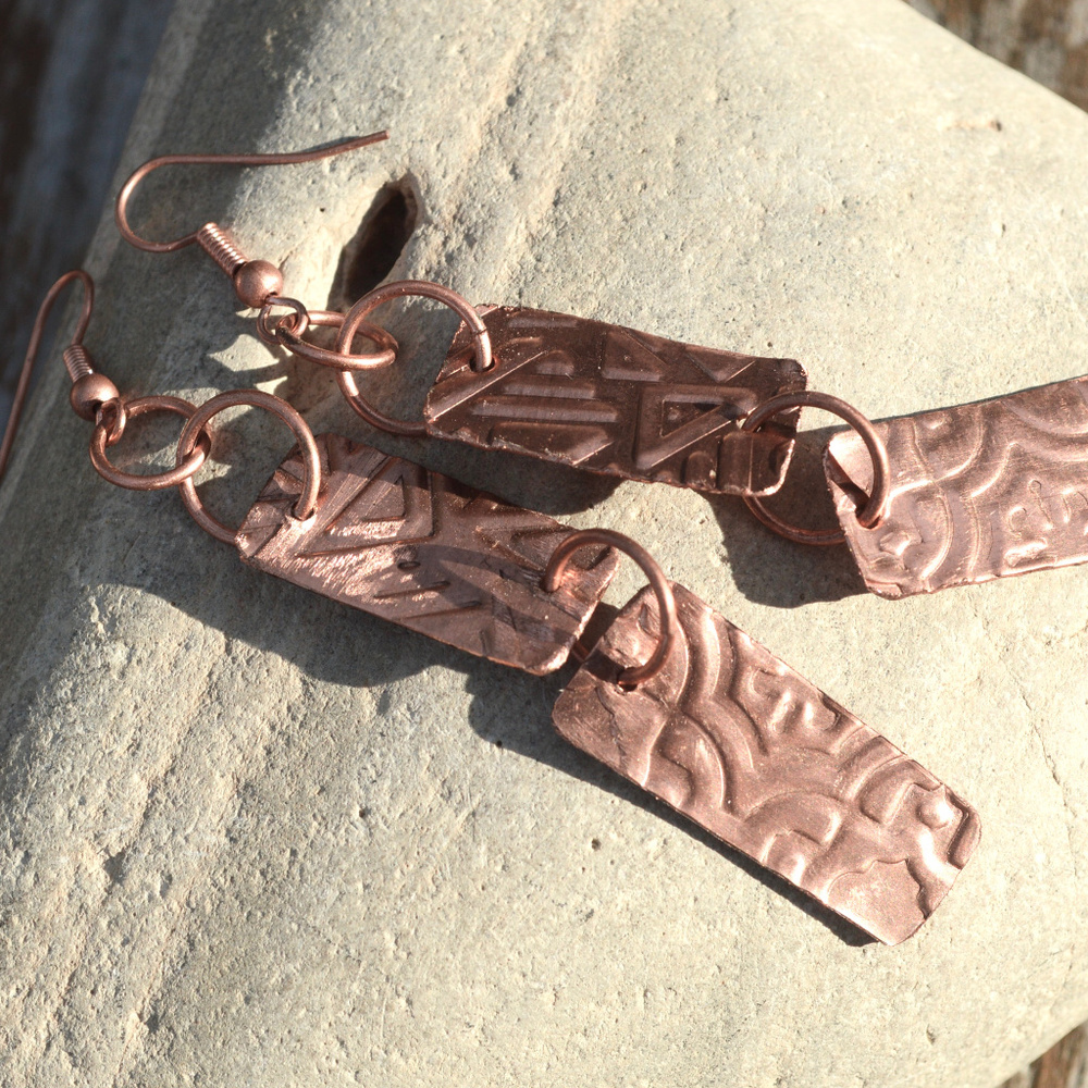 Long Embossed Solid Copper Earrings Tribal Handmade Boho Artisan Rustic Gift - Picture 3 of 5